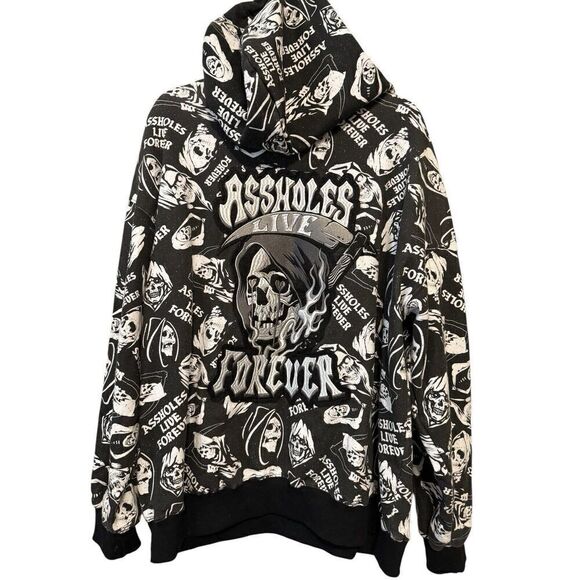 Assholes*s Live Forever Sweatshirt Mens L Black Hoodie All Over Skulls Biker - Picture 2 of 5